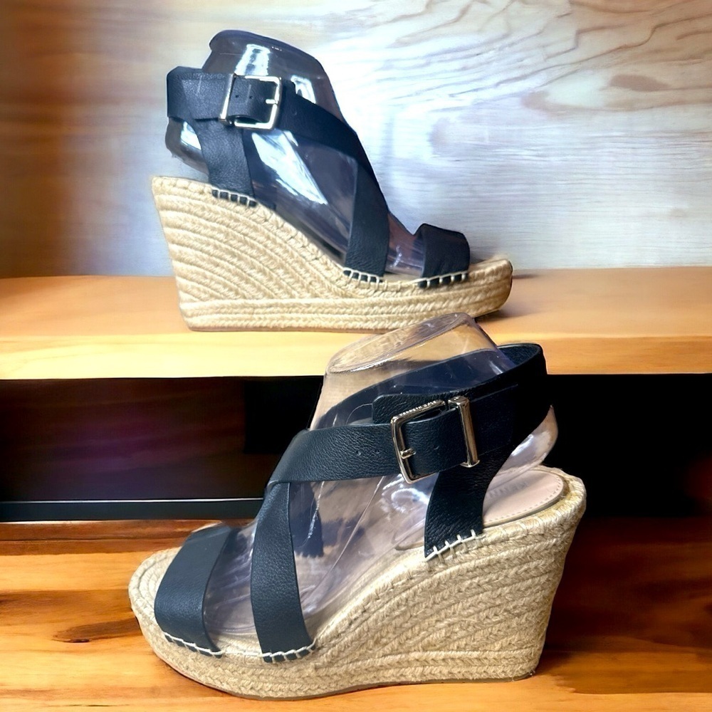 Kenneth Cole NY Olivia Black Cross Strap Leather Wedge Sandals Buckle Closure